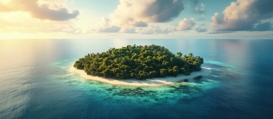 Aerial view of a serene tropical island surrounded by turquoise water and clouds ideal for travel and natural landscape backgrounds