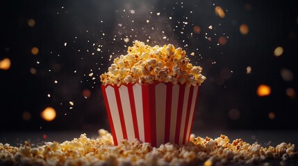 freshly popped classic movie theater popcorn overflowing from red and white striped container with dramatic lighting and dark background