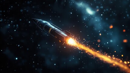 futuristic 3d rocket launch into deep space with glowing engine trail and stars, business growth and innovation concept on dark background