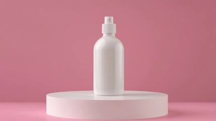 Aesthetic white airless bottle mockup on podium against pink background ideal for skincare and hair care product packaging displays