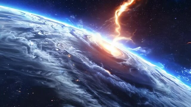 A planet with a storm in the sky. The storm is very large and has a bright blue color