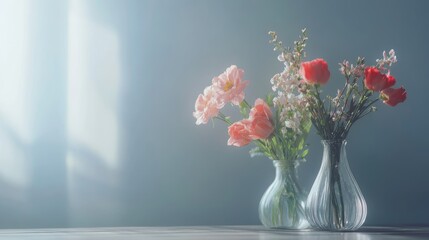 Aesthetic flower arrangements in glass vases creating a serene ambiance with soft focus background and ample space for text insertion