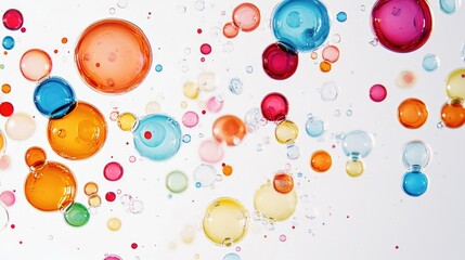 Colorful Assorted Bubbles Floating on a White Background Creating a Vibrant and Playful Atmosphere of Light and Reflection