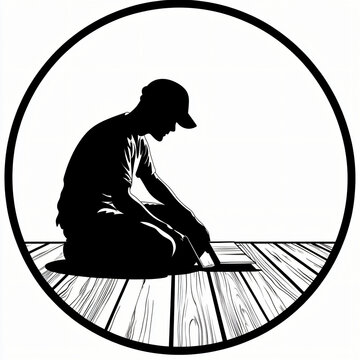 black vector logo silhouette of close-up of a professional installer carefully placing hardwood floorboards