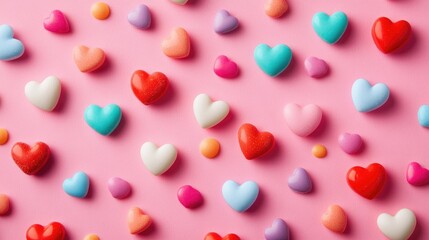 Colorful Heart Shaped Candy on Pink Background Perfect for Valentine's Day Celebrations and Sweet Treats Themes