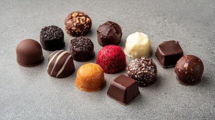 Assorted gourmet chocolate truffles and confections with diverse fillings arranged on a gray surface for elegant dessert presentations