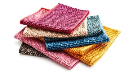 Colorful assorted cleaning cloths stacked on white background showcasing various textures and absorbency for household cleaning tasks