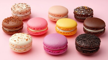 Obraz premium Colorful assorted macarons arranged on a pink background showcasing a variety of flavors and textures perfect for desserts and confectionery themes