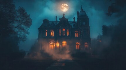gothic victorian mansion shrouded in mysterious fog under full moon light, atmospheric digital art with haunting architecture and ghostly ambiance
