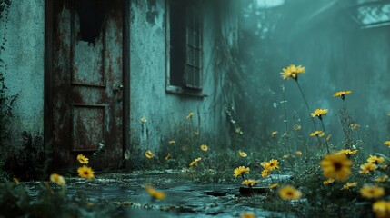 Abandoned House Overgrown with Flowers