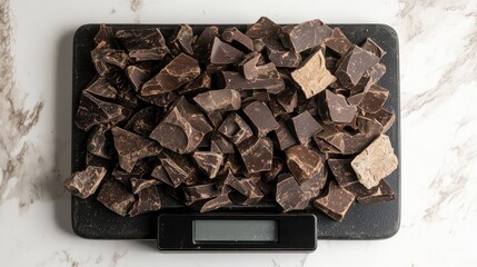 Assorted dark and semisweet chocolate pieces arranged on a kitchen scale ready for measurement and baking preparation