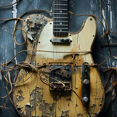Vintage electric guitar worn weathered leans against peeling wall its yellowed body cracked rusted tangled braided strings