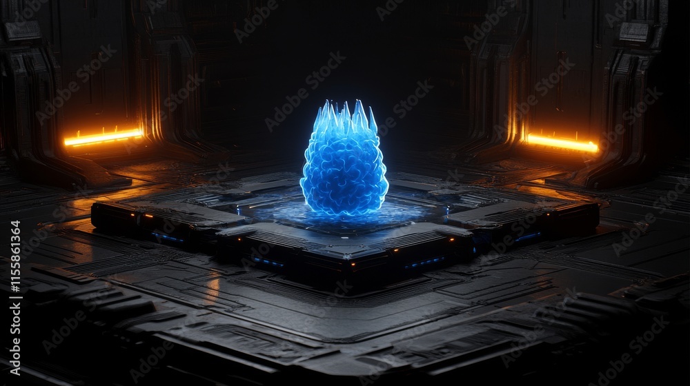 Poster a 3d visualization of standard hardware featuring a bright blue brain circuit on a microchip placed 