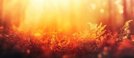 Autumn forest scene with vibrant orange sunlight filtering through beech leaves creating a warm atmosphere perfect for text overlay.