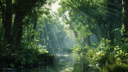 Obraz premium dense rainforest with sunlight filtering through lush greenery, creating serene atmosphere