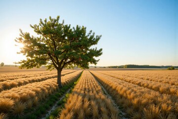 Lone tree in golden wheat field, peaceful atmosphere, sunset glow on rural landscape, copy space