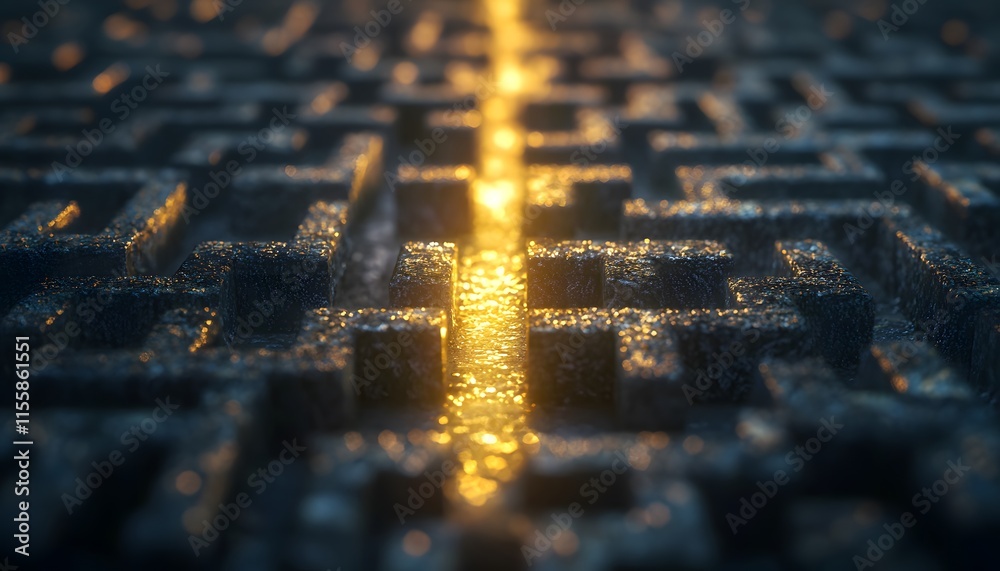 Poster Abstract close-up of a maze structure illuminated by golden light, creating a mysterious and intriguing atmosphere with intricate patterns and textures.