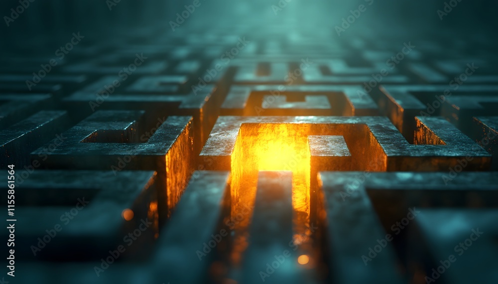 Poster intricately designed maze structure with glowing light in the center, showcasing depth, shadows, and
