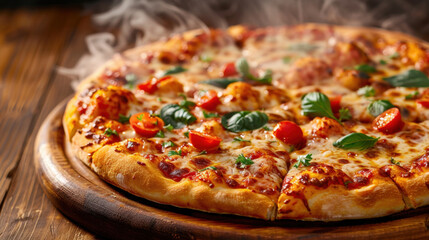 Freshly baked pizza with bubbling cheese, tomatoes, and basil leaves