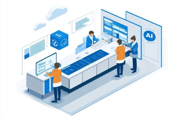 Fototapeta premium A collection of isometric stock images including a digital brain neural network, AI servers, robots, artificial bot minds, and smart robotic structures. This set contains isolated modern illustration