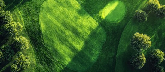 Aerial view of an expansive golf course featuring lush green fairways and ample space for promotional text or marketing materials