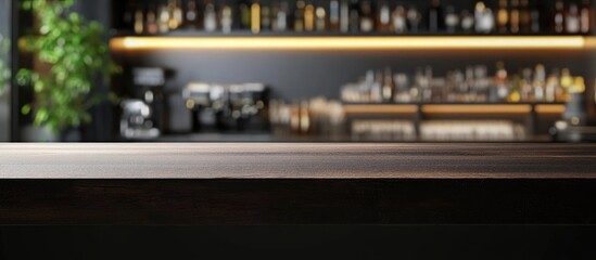 Elegant bar counter in upscale restaurant interior featuring blurred backdrop and ample empty space for text or promotional materials