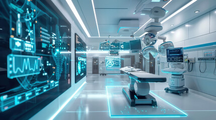 Fototapeta premium Futuristic hospital with advanced robotic surgery technology and glowing screens