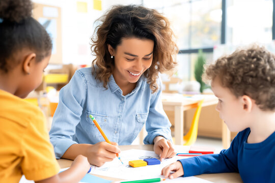 A speech therapist in a denim shirt helps two young children with language exercises at a table, using colorful stationery in a bright, engaging classroom environment.