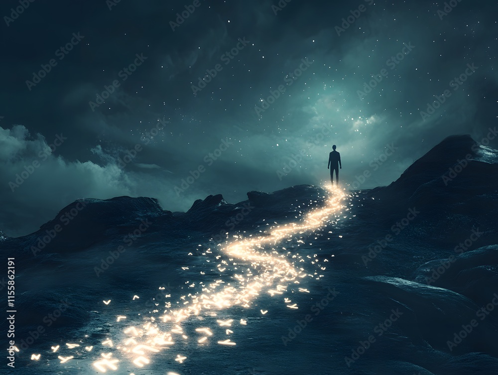 Poster ethereal journey through starry night: a figure walking on a path of light amidst dark rocks and cos