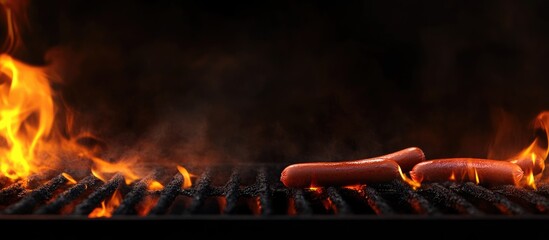 Close up of sizzling hot dogs on a barbecue grill with vibrant flames and empty space for text ideal for BBQ event promotions and recipes