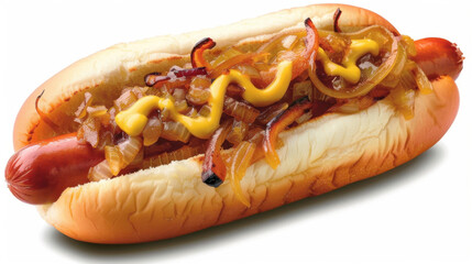 Gourmet hot dog with caramelized onions and mustard, deliciously savory