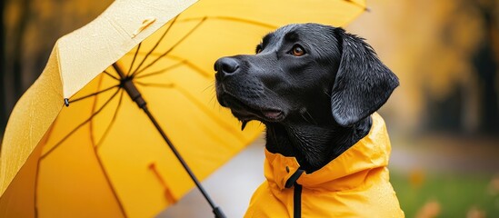 Black Dog in Yellow Raincoat Under Umbrella on Autumn Walk with Copyspace for Text in Vibrant Fall Colors