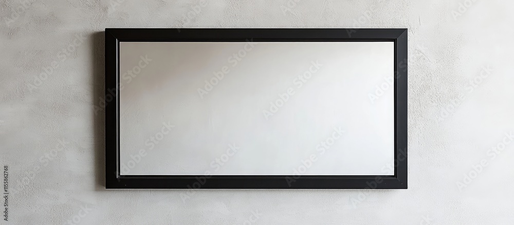 Poster black framed rectangular mirror on neutral wall with empty copyspace for custom text display