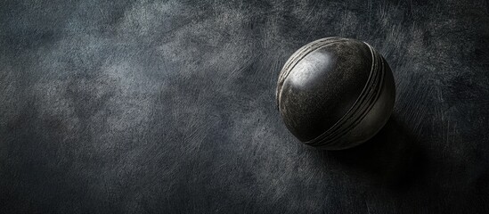 Black cricket ball on dark textured surface with empty copyspace for text or design elements in sports or recreation themes.