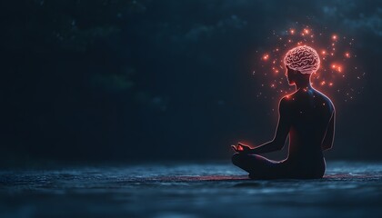 Abstract representation of meditation with glowing brain concept, highlighting the connection between mind, body, and spirituality in a serene environment