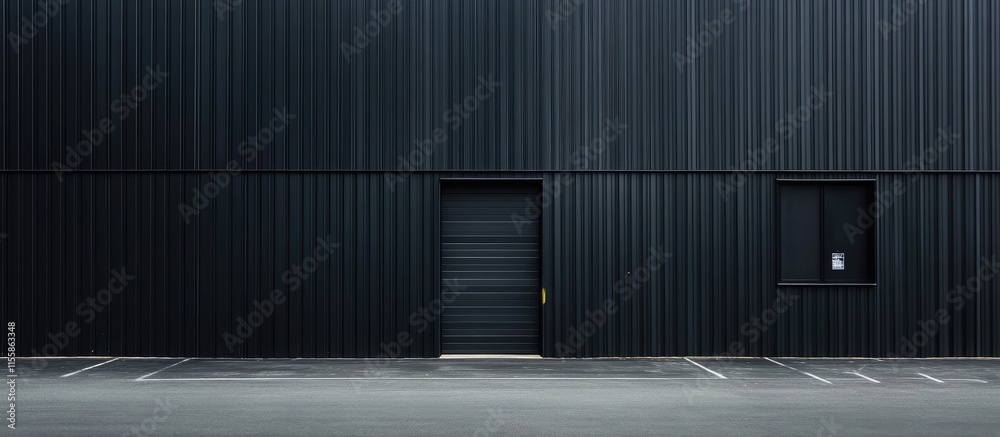 Poster industrial factory building exterior in black with ample empty space for text and minimalistic desig