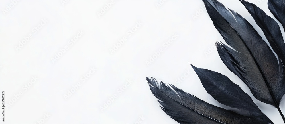Poster black feathers on white background with ample space for text and design elements ideal for advertise