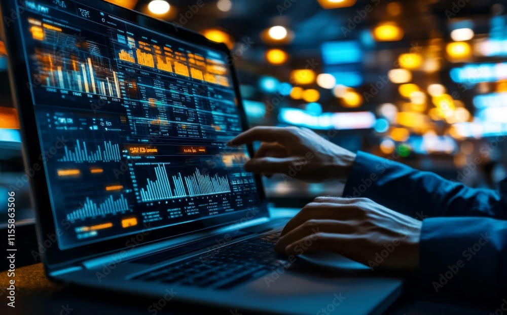 Poster a computer and dashboard are utilized by an analyst for conducting business data analysis and managi
