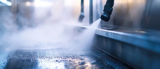 High pressure steam cleaning machine in industrial setting with mist and empty space for text showcasing cleanliness and maintenance processes