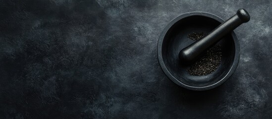 Black mortar and pestle on a dark textured background with ample negative space for culinary or wellness text applications