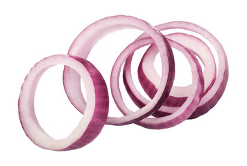 Red onion rings isolated on transparent background, top view.