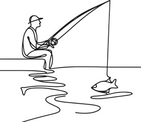 Man Fishing in Tranquil Waters Minimalist Line Art Design
