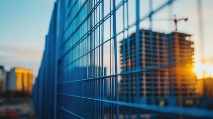 Blue construction fence against a modern building at sunset with clear space for text showcasing urban development and vibrant colors