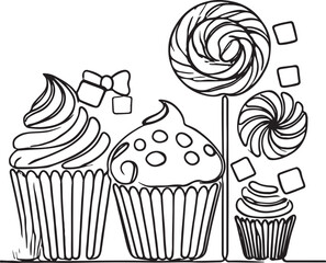 Sweet Candy and Muffin Cake Line Art Illustration in Simple Minimalist Style