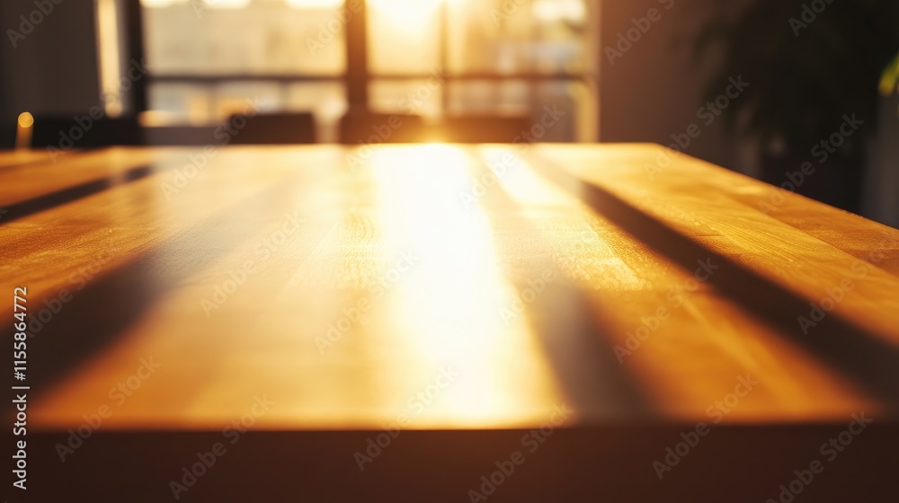 Poster close up of a sunlit boardroom table casting shadows with ample empty space for text and branding op
