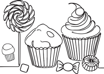 Sweet Candy and Muffin Cake Line Art Illustration in Simple Minimalist Style