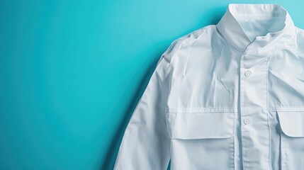 Protective white chemical jacket on a blue background showcasing collar, pockets, and buttons with space for branding or text insertion.