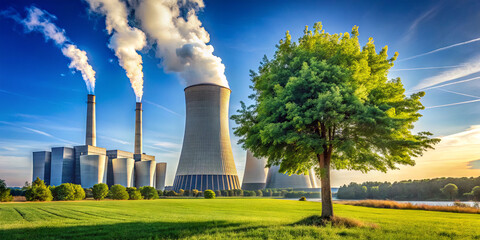 A large power plant with cooling towers and smoke stacks emits steam against a clear blue sky. In the foreground, a green tree and open field highlight the contrast with the industrial backdrop