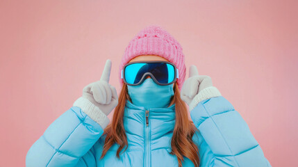 Snowboarder fun woman wear blue suit goggles mask hat ski padded jacket do selfie shot mobile cell phone isolated on plain pastel pink background. Winter extreme sport hobby weekend trip relax concept