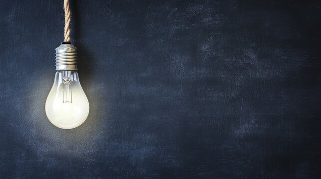 Bright light bulb hanging over a black chalkboard background with ample empty space for text for creative and educational purposes